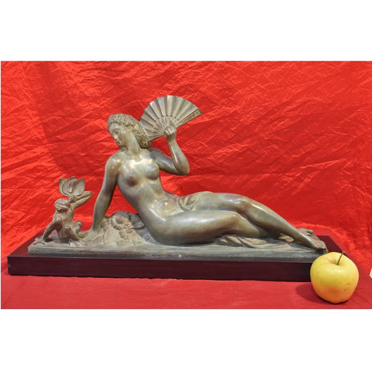 Antique Bronze Woman with a Fan Sculpture by A. Soleau, 1930s