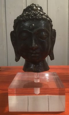 Antique Burmese Bronze Buddha Head with Acrylic Glass Base, 1900s-ERB-666874