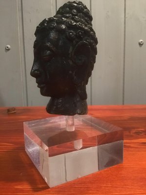 Antique Burmese Bronze Buddha Head with Acrylic Glass Base, 1900s-ERB-666874