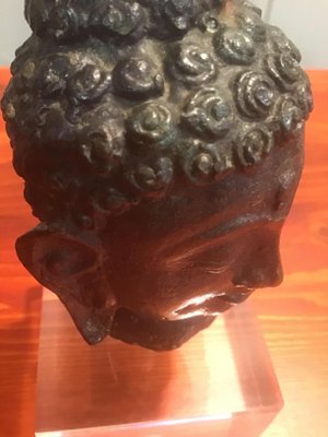 Antique Burmese Bronze Buddha Head with Acrylic Glass Base, 1900s-ERB-666874