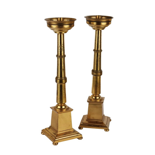 Antique Candleholders with Square Base and Circular Feet in Gilded Bronze, Set of 2