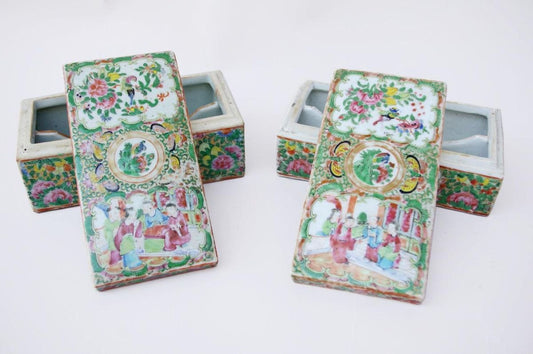 Antique Canton Porcelain Boxes, 1900s, Set of 2