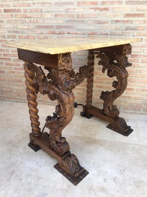 Antique Carved Console Table with Beige Marble Top-NOU-769714