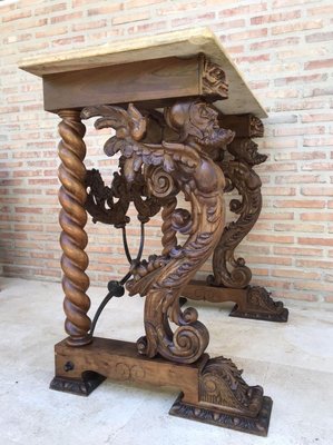 Antique Carved Console Table with Beige Marble Top-NOU-769714