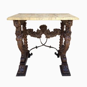 Antique Carved Console Table with Beige Marble Top-NOU-769714