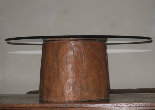 Antique Carved Tree Stump Coffee Table with Circular Glass Top