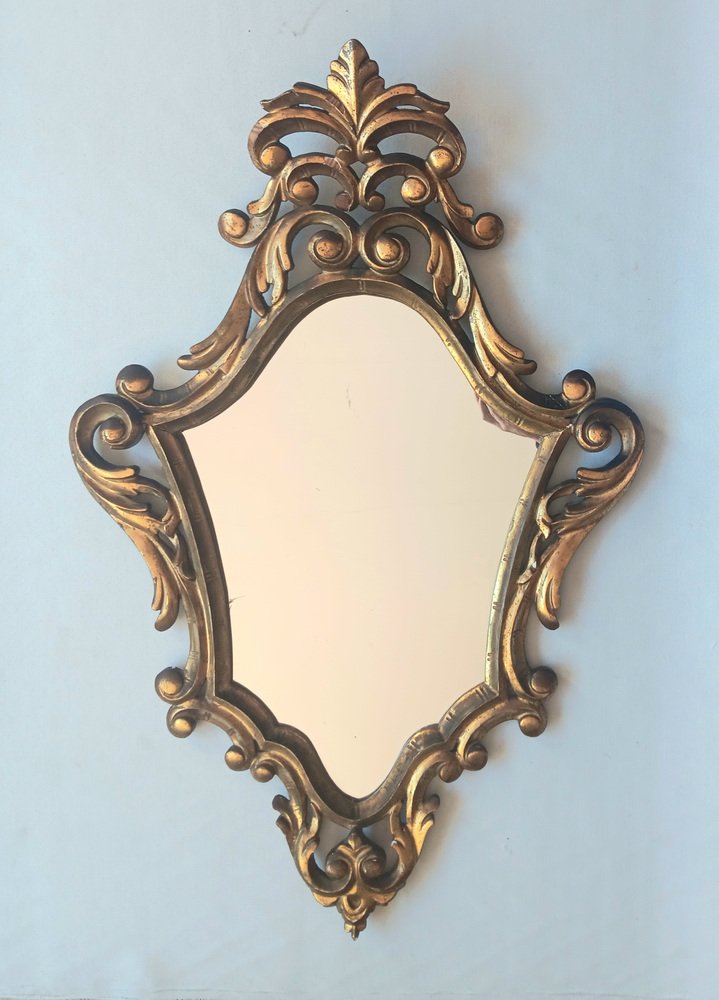 Antique Carved Wood Ornamental Cornucopia Wall Mirror, 1940s