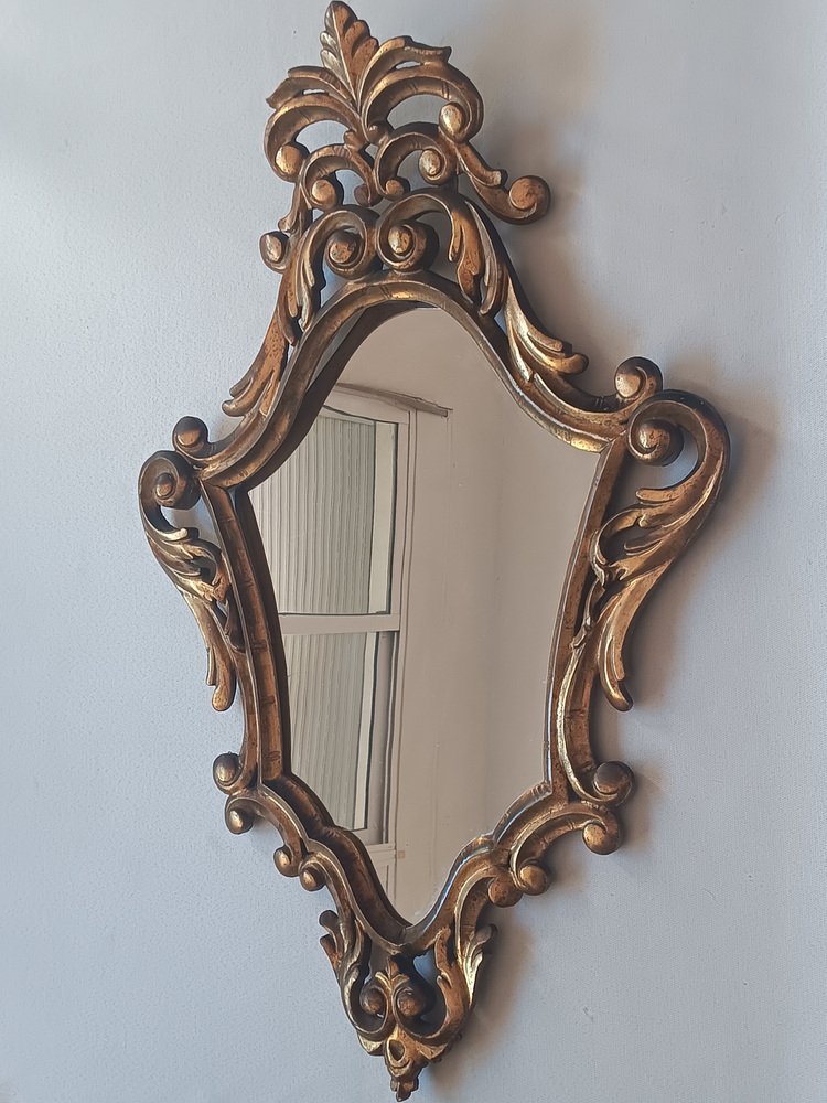 Antique Carved Wood Ornamental Cornucopia Wall Mirror, 1940s