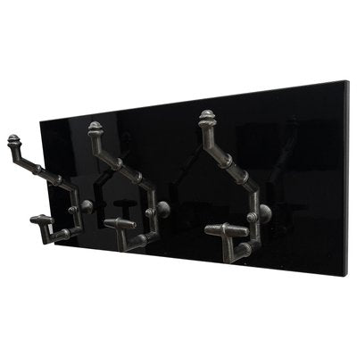 Antique Cast Iron & Faux Bamboo Wall Hooks Hangers on New Black Wooden Support-EUP-781835