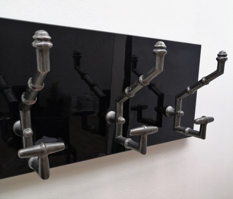 Antique Cast Iron & Faux Bamboo Wall Hooks Hangers on New Black Wooden Support-EUP-781835