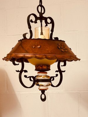 Antique Ceiling Lamp in Porcelain, Copper and Wrought Iron-SZM-1787873