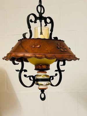 Antique Ceiling Lamp in Porcelain, Copper and Wrought Iron-SZM-1787873