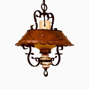 Antique Ceiling Lamp in Porcelain, Copper and Wrought Iron-SZM-1787873