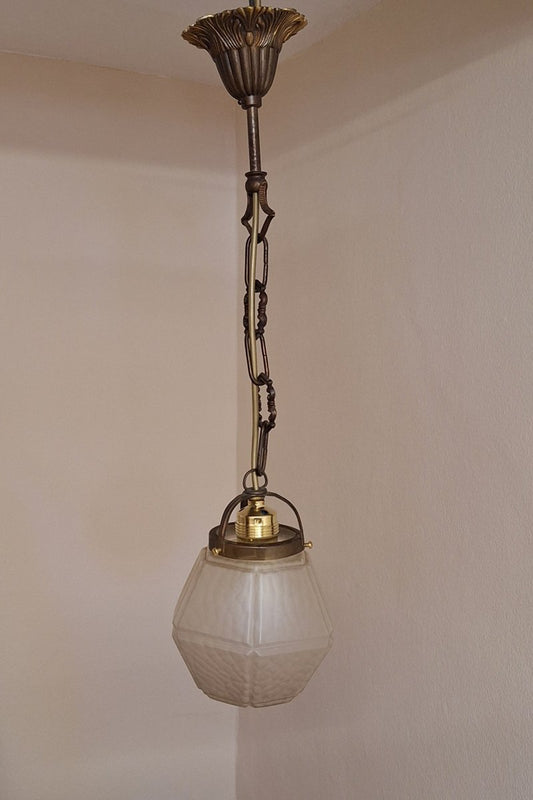 Antique Ceiling Lamp with Glass Shade on Brass Mount, 1890s