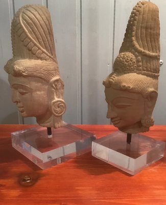 Antique Central American Aztec Stone Heads with Acrylic Glass Base, Set of 2-ERB-666877