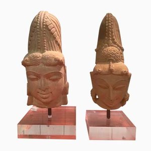 Antique Central American Aztec Stone Heads with Acrylic Glass Base, Set of 2-ERB-666877