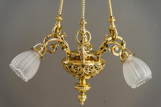 Antique Chandelier with Original Glass Shades, Vienna, Austria, 1890s