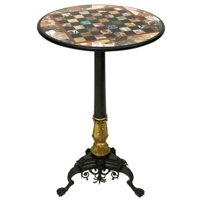 Antique Charles X Chess Table in Bronze Gilded Inlaid with Marble and Stones-UCH-1224444