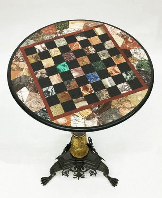 Antique Charles X Chess Table in Bronze Gilded Inlaid with Marble and Stones-UCH-1224444