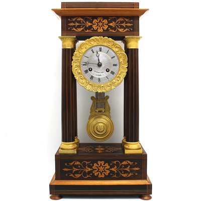 Antique Charles X Inlaid Portico Clock with Pendulum, 19th Century-UMS-944857