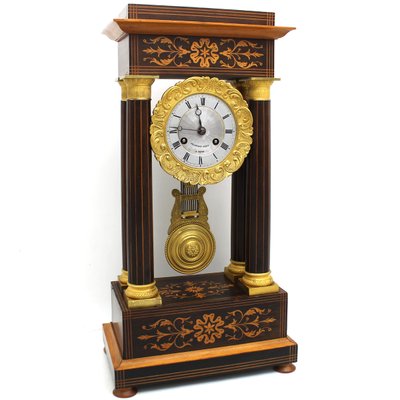 Antique Charles X Inlaid Portico Clock with Pendulum, 19th Century-UMS-944857