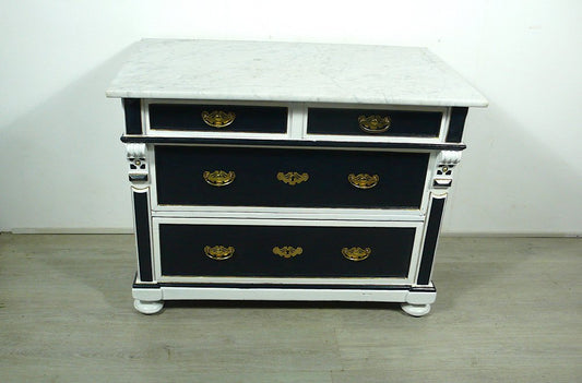 Antique Chest of Drawers in White and Night Blue with Carrara Marble Top, 1900s