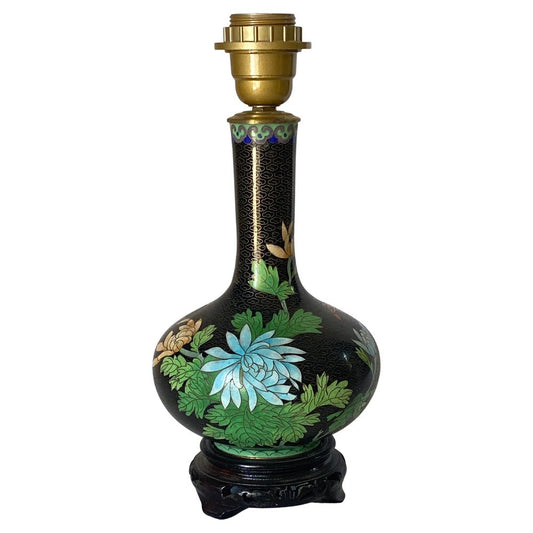 Antique Chinese Black Cloisonné Table Lamp with Floral Motif, China, 1890