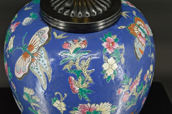 Antique Chinese Blue Ceramic Lamp with Butterflies, 1865-XNH-1804551