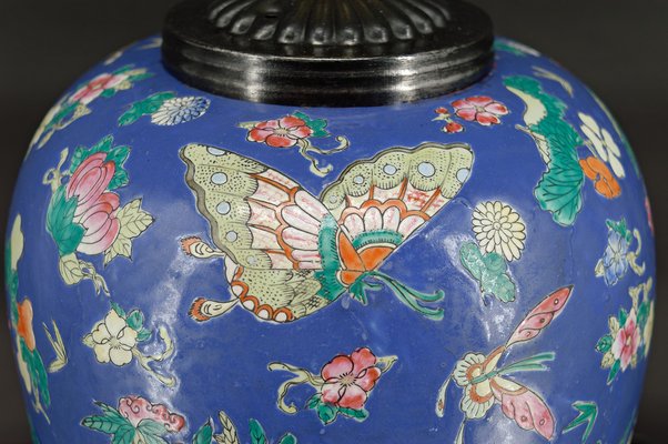 Antique Chinese Blue Ceramic Lamp with Butterflies, 1865-XNH-1804551