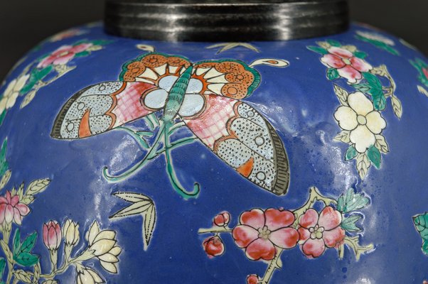 Antique Chinese Blue Ceramic Lamp with Butterflies, 1865-XNH-1804551