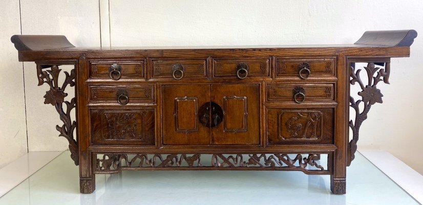 Antique Chinese Elmwood Altar Coffer with Foliage-Carved Spandrels-WZZ-1264265