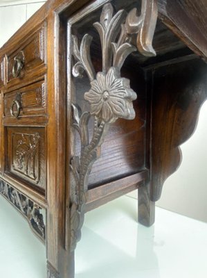 Antique Chinese Elmwood Altar Coffer with Foliage-Carved Spandrels-WZZ-1264265