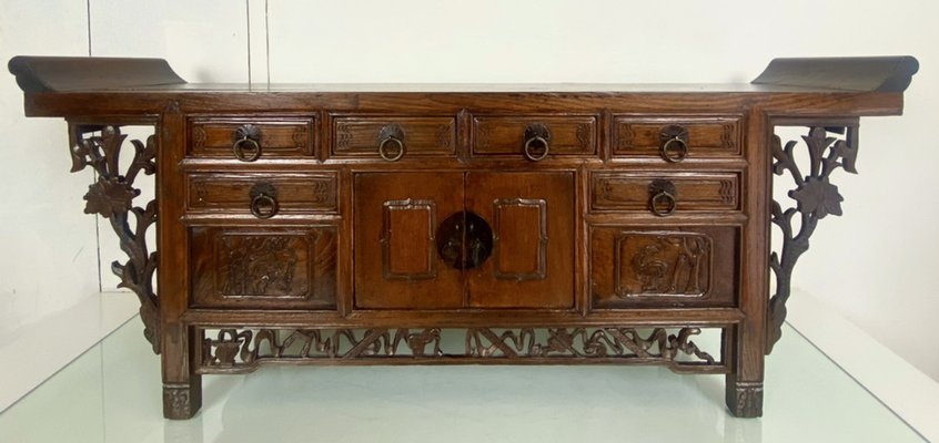 Antique Chinese Elmwood Altar Coffer with Foliage-Carved Spandrels-WZZ-1264265