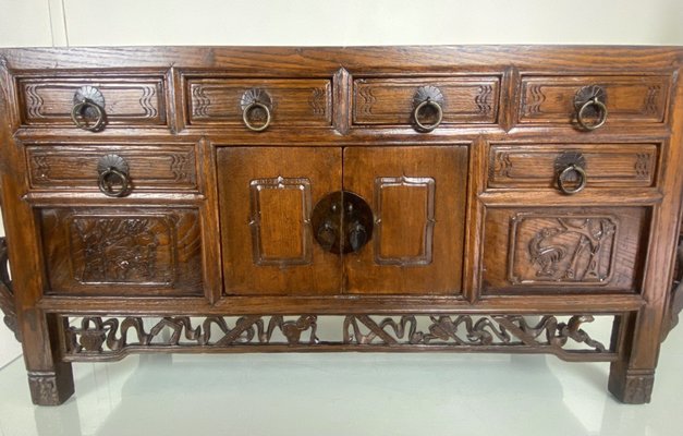 Antique Chinese Elmwood Altar Coffer with Foliage-Carved Spandrels-WZZ-1264265