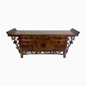 Antique Chinese Elmwood Altar Coffer with Foliage-Carved Spandrels-WZZ-1264265