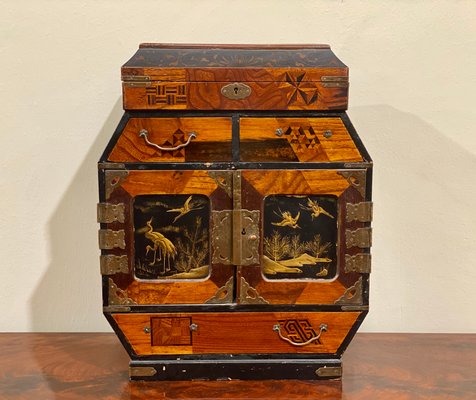 Antique Chinese Inlaid Wood Jewelry Box with Decorations in Relief, 1800s-PYA-880980