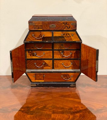 Antique Chinese Inlaid Wood Jewelry Box with Decorations in Relief, 1800s-PYA-880980