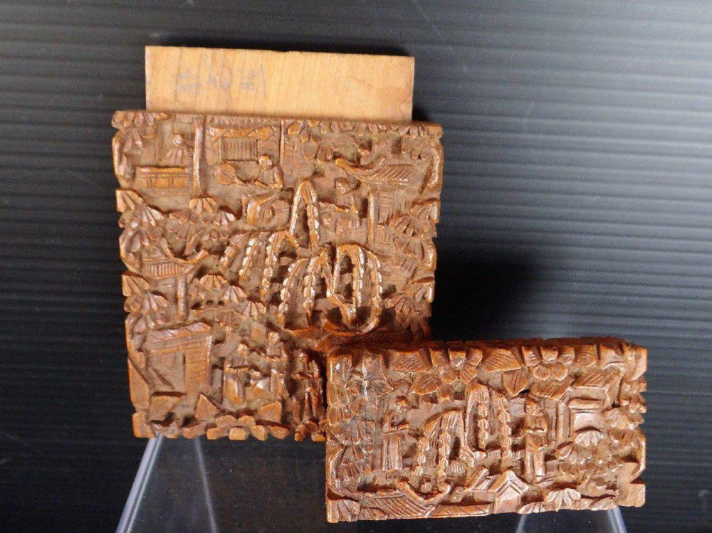 Antique Chinese Pagoda Scene of Life Card Holder in Carved Wood