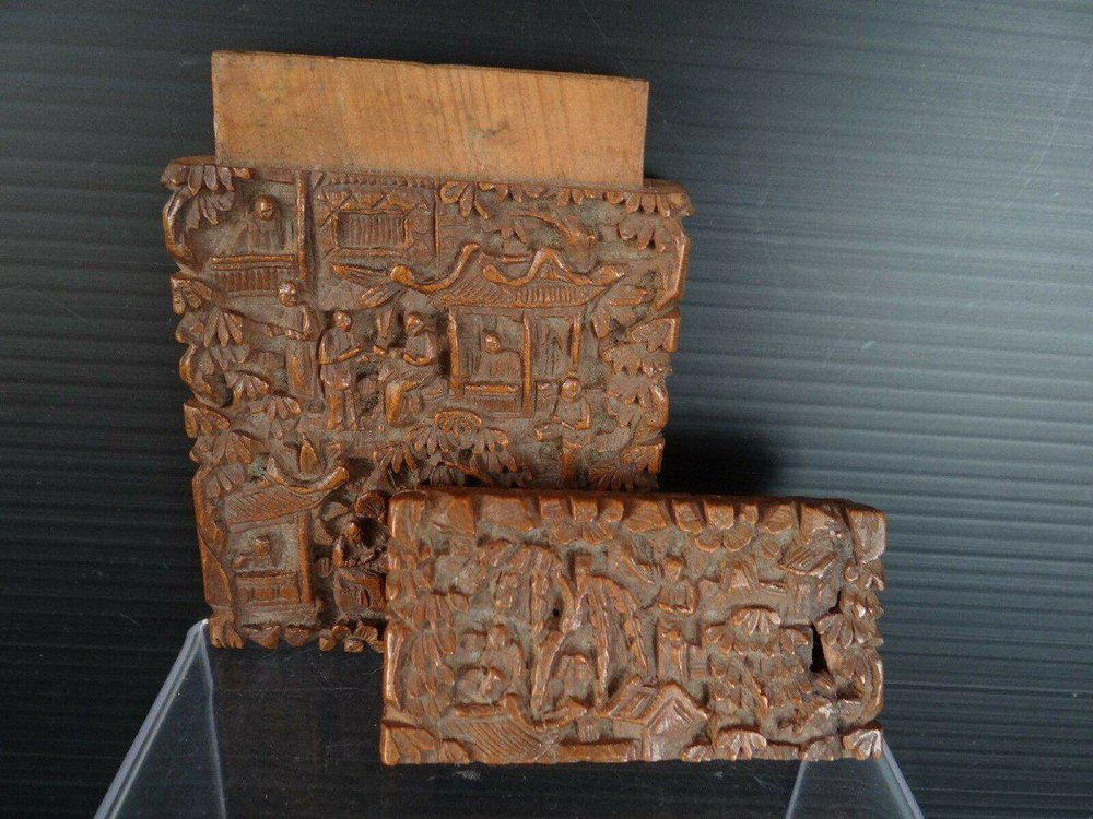 Antique Chinese Pagoda Scene of Life Card Holder in Carved Wood