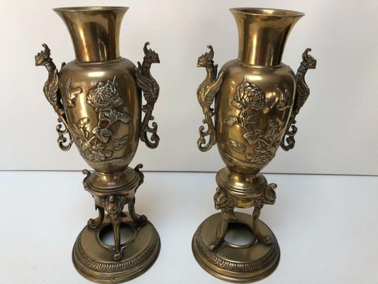 Antique Chinese Vases in Bronze with Floral Decor and Chimere, Set of 2-QKG-1331525