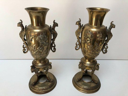 Antique Chinese Vases in Bronze with Floral Decor and Chimere, Set of 2-QKG-1331525