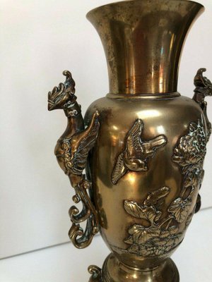 Antique Chinese Vases in Bronze with Floral Decor and Chimere, Set of 2-QKG-1331525