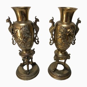 Antique Chinese Vases in Bronze with Floral Decor and Chimere, Set of 2-QKG-1331525