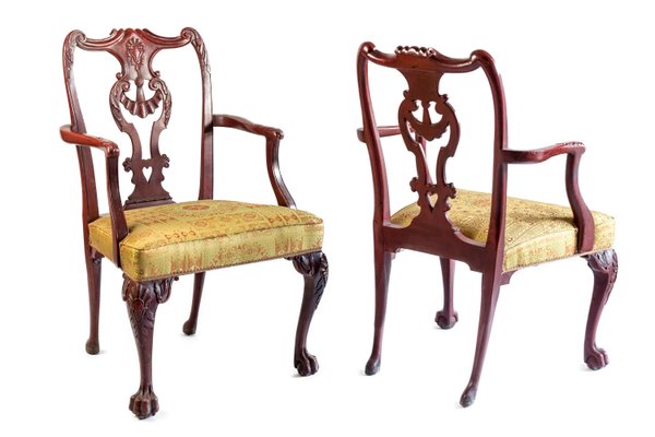 Antique Chippendale Style Red Lacquered Wood Armchairs, 1880s, Set of 2-CEJ-551402