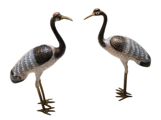 Antique Cloisonne Enamel and Gilt Bronce Heron Sculptures, Set of 2-TCS-1761585