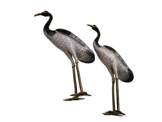 Antique Cloisonne Enamel and Gilt Bronce Heron Sculptures, Set of 2