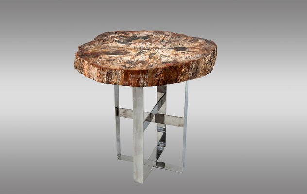 Antique Cocktail Table with Fossil Top on Steel Base-LQ-1144995