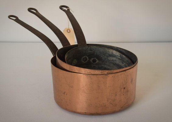 Antique Copper and Iron Handled Saucepans, Set of 3-AOI-1325535