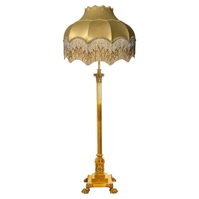 Antique Corinthian Column Brass Floor Lamp with Fringed Lampshade, England, 1890-VDW-1451737