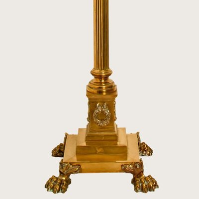 Antique Corinthian Column Brass Floor Lamp with Fringed Lampshade, England, 1890-VDW-1451737